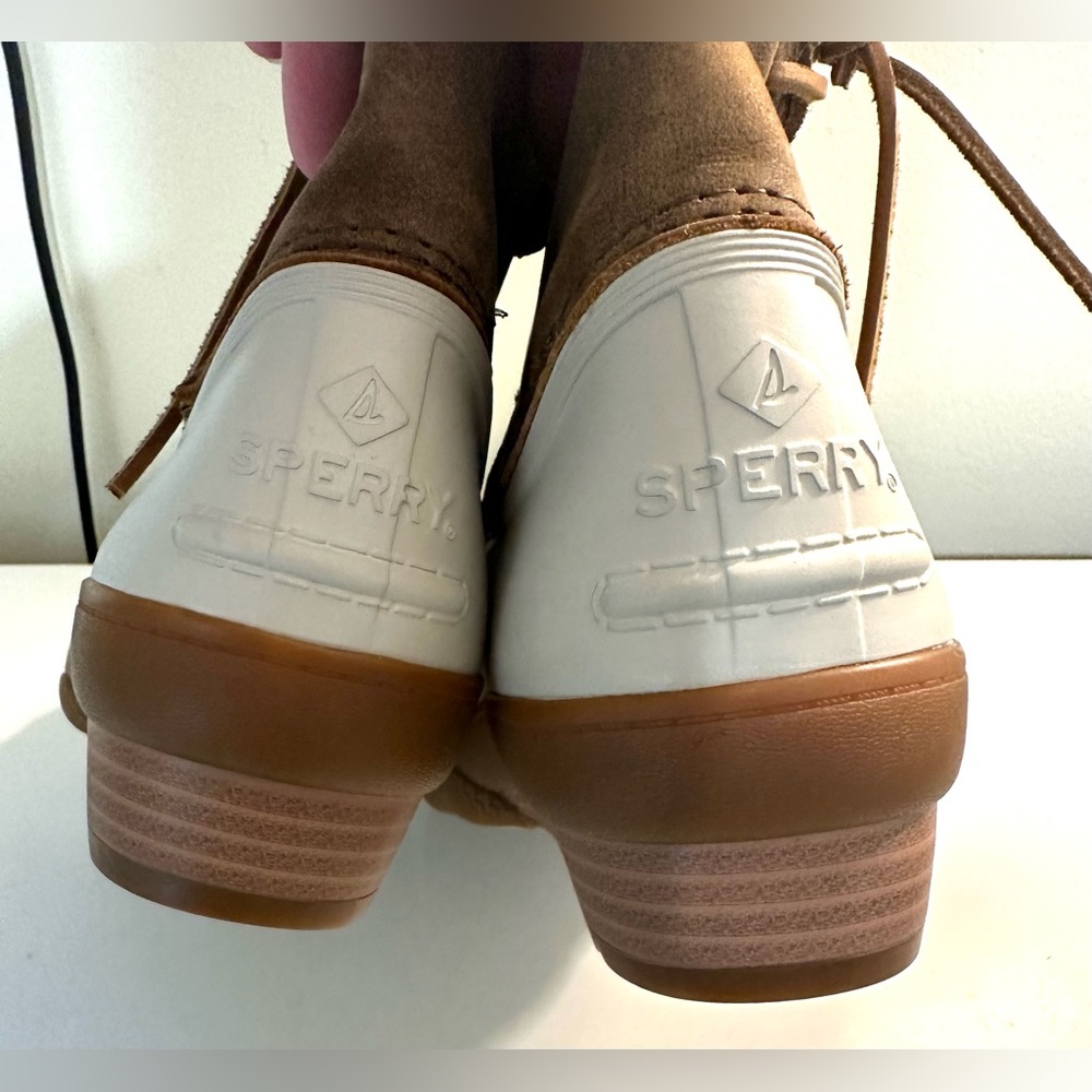 SPERRY 12M Saltwater Spray Wedge Waterproof Rain Duck Boots Ivory Brown Quarter - Picture 11 of 15